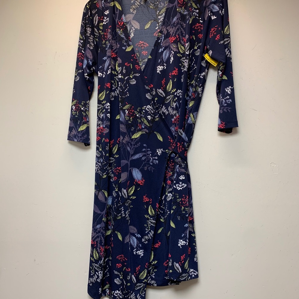 Banana Republic Wrap Dress Womens XL Navy Blue Floral V-Neck 3/4 Sleeve XL